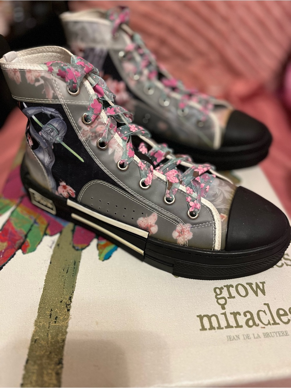 Dior Black High-Top Sneakers with Pink Floral Accents
